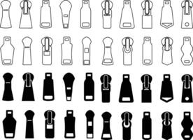 Set of different zippers. zipper pullers vector illustration zip heads, zipper slider flat and line sketch collection