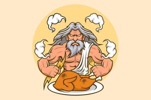 Mascot Zeus Dinner Chicken Grilled God Lightning Logo Design vector