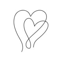 dos corazones en soltero continuo línea. mano dibujado estilo. vector ilustración aislado en blanco.