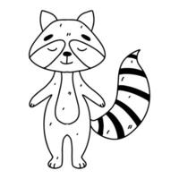 Cute baby racoon. Hand drawn doodle style. Vector illustration isolated on white. Coloring page.