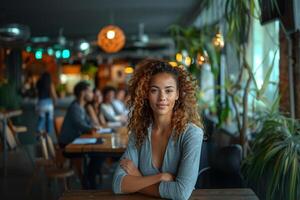 AI generated Young businesswoman with curly hair confidently sitting at a cafe with a calm and professional demeanor photo