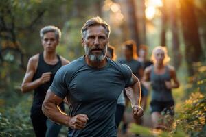 AI generated Mature Man Leading Group Run Through Forest Trail photo