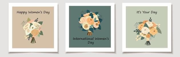 internacional De las mujeres día. un conjunto de saludo tarjetas con ramo de flores vector