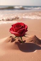 AI generated a single red rose is growing out of the sand on a beach photo