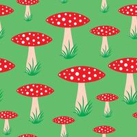 Vector Seamless Pattern with Hand Drawn Cartoon Flat Mushrooms on Green Background.