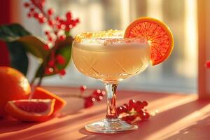 AI generated A zesty orange cocktail in a sunlit room evokes a festive atmosphere. photo