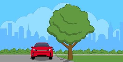 Electric car plugged into a tree with city scape background vector