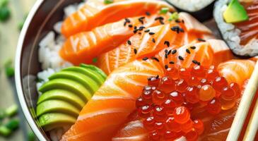 ai generado un cuenco de Sushi con salmón en parte superior foto