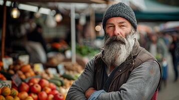 ai generado mayor barbado hombre cruce brazos a al aire libre mercado, casual y contemplativo foto