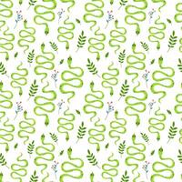 Seamless pattern of cute green snakes surrounded by spring flowers and branches leaves. Kawaii characters in cartoon style. Pattern wrapper on white background. vector