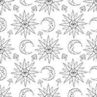 Seamless mystic pattern of crescent and sun with eye. Hand drawn line art on esoteric topic. Magic vector pattern wrapping paper on white background.