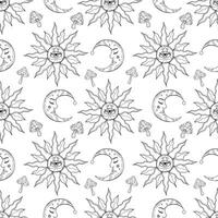 Seamless mystic pattern of crescent and sun with eye. Hand drawn line art on esoteric topic. Magic vector pattern wrapping paper on white background.