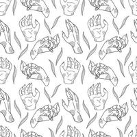 Mystical seamless pattern of witch hands surrounded by plants. Hand drawn magical doodle pattern for spiritual design. Vector illustration isolated on white background.