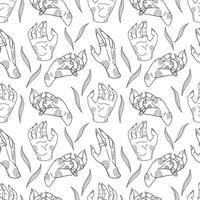 Mystical seamless pattern of witch hands surrounded by plants. Hand drawn magical doodle pattern for spiritual design. Vector illustration isolated on white background.