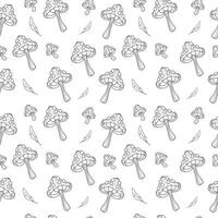 Seamless pattern of Mystical mushrooms with feathers. Hand drawn line art. Magic vector pattern wrapping paper on white background.