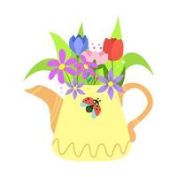 Vase with spring flowers. Multicolored blooming botanical element for designs. Flat vector illustration isolated on white background.