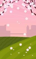 Spring vertical background, sakura blooming landscape on field. Beautiful illustration template. vector