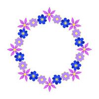 Beautiful floral frame, spring flowers bouquet. Multicolored blooming botanical element for designs. Flat vector illustration isolated on white background.