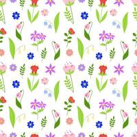 Seamless pattern of spring flowers, floral branches and green leaves. Multicolored blooming botanical ornament. Flat vector on white background.