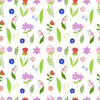 Seamless pattern of spring flowers, floral branches and green leaves. Multicolored blooming botanical ornament. Flat vector on white background.