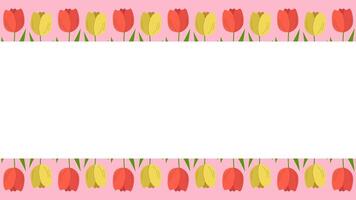 Beautiful spring background with tulips blooming. Template with copy space. Vector illustration, pink background.