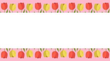 Beautiful spring background with tulips blooming. Template with copy space. Vector illustration, pink background.