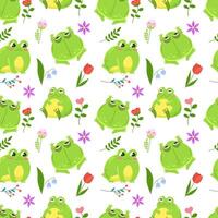 Seamless pattern of cute green frogs surrounded by spring flowers. Kawaii characters in cartoon style. Pattern wrapper on white background. vector