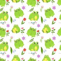 Seamless pattern of cute green frogs surrounded by spring flowers. Kawaii characters in cartoon style. Pattern wrapper on white background. vector