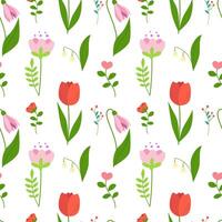 Seamless pattern of spring flowers, floral branches and green leaves. Multicolored blooming botanical ornament. Flat vector on white background.