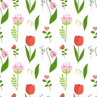 Seamless pattern of spring flowers, floral branches and green leaves. Multicolored blooming botanical ornament. Flat vector on white background.