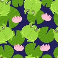 Seamless pattern of cute green frogs surrounded by water lily pads on lake. Kawaii characters in cartoon style. Pattern wrapper vector