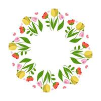 Beautiful floral frame, spring flowers bouquet. Multicolored blooming botanical element for designs. Flat vector illustration isolated on white background.