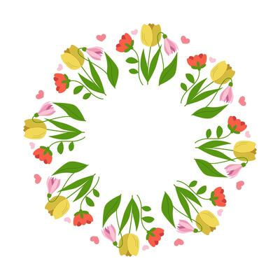 Beautiful floral frame, spring flowers bouquet. Multicolored blooming botanical element for designs. Flat vector illustration isolated on white background.