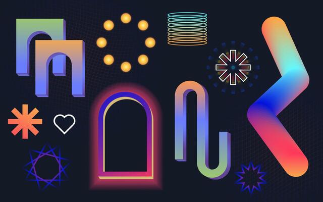 Neo brutalism elements with neon glow. Neo memphis, vaporwave set. Retro futuristic y2k different shapes and figures. Cyber neo futuristic style 80s 90s abstract style isolated on dark.