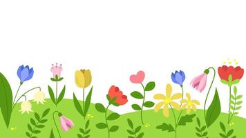 Beautiful spring background with flowers blooming. Garden on the field. Template with copy space. Vector illustration isolated.