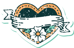 distressed sticker tattoo style icon of a heart and banner with flowers png