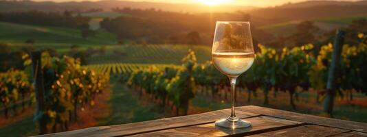 AI generated a glass of white wine sitting on a table in front of vineyards photo