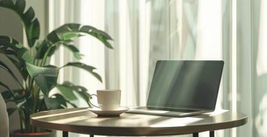 AI generated a laptop computer and a cup of coffee on a small table photo