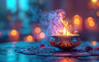 AI generated a lit indian incense lamp is sitting on a table with bokeh photo