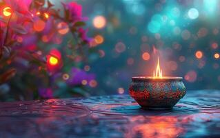 AI generated a lit indian incense lamp is sitting on a table with bokeh photo