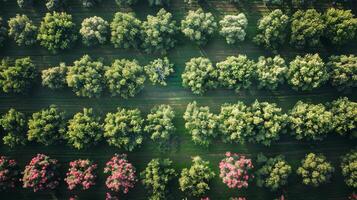 ai generado aéreo ver de campo con arboles y flores foto