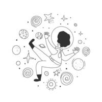 Astronaut with planets at open space in doodle style. Cosmonaut floating in universe surrounded stars. Round badge with symbols of space tourism. Vector black and white design illustration.