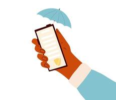 Exchange of documents with secured system technological platform. Online mobile signing confidentiality contract. Hand with phone and umbrella and business paper sign. Vector illustration