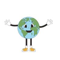 Earth mascot in retro style. Cute planet character isolated on white background. Vector globe with face illustration.