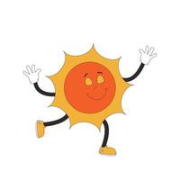 Sun cartoon character waving hand in retro style. Smiling cosmos star character isolated on white background. Vector illustration.