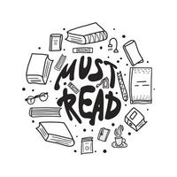 Must read lettering and books in doodle style. Round badge with symbols of reading. Vector black and white design illustration in retro style. Groovy vector illustration.