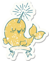 grunge sticker of tattoo style happy narwhal png