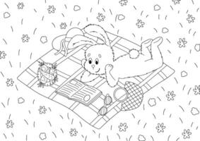 Coloring page with a bunny lying on a blanket on the grass and reading a book vector