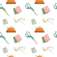 Vector pattern with sewing tools. Scissors, fabric, needle and thread, thimble