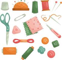 Vector set with sewing items. Fabric, thread, buttons, scissors, needles